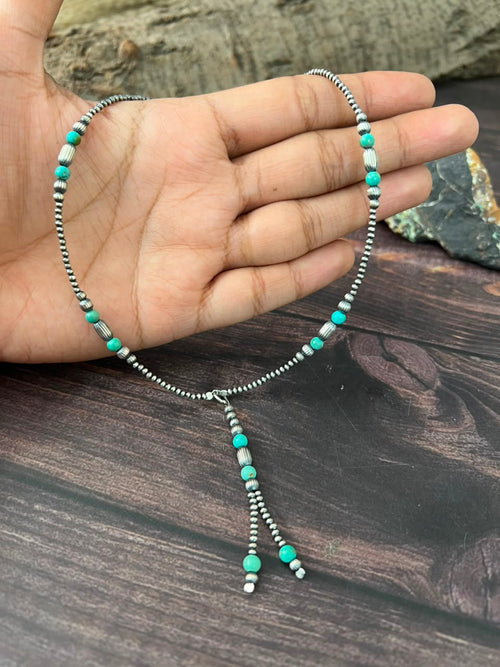 Handmade Sterling Silver Kingman Turquoise Beaded Necklace Signed Nizhoni