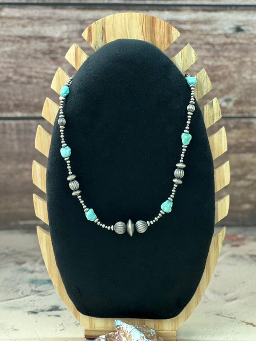 Handmade Sterling Silver Beaded White Water Turquoise Necklace "Signed Nizhoni"