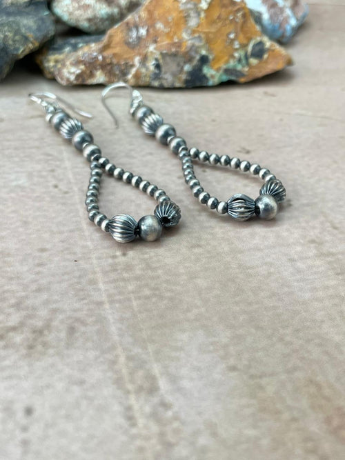 Handmade Sterling Silver Beaded Dangle Hook Earrings "Signed Nizhoni" (1)