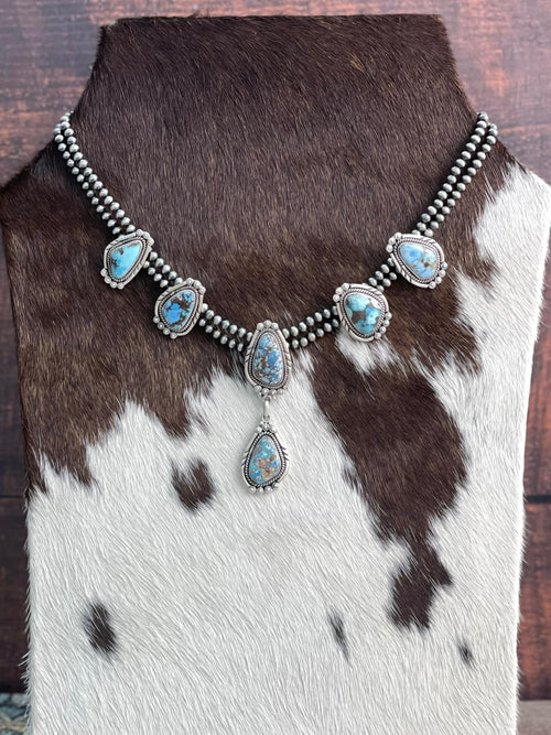 Handmade Sterling Silver Golden Hills Turquoise, Blackjack, Palomino Turquoise Beaded Necklace "Signed Nizhoni"