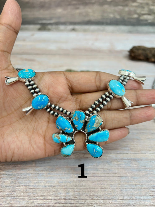 Handmade Sterling Silver White Water Turquoise Beaded Squash Blossom Necklace with Signed Nizhoni