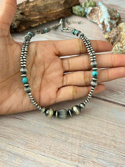 Handmade Sterling Silver Kingman Turquoise Beaded Necklace with Signed Nizhoni (8)