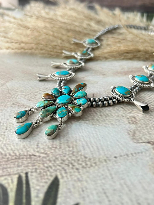 Handmade Sterling Silver Santa Maria Turquoise Squash Blossom Beaded Necklace "Signed Nizhoni"