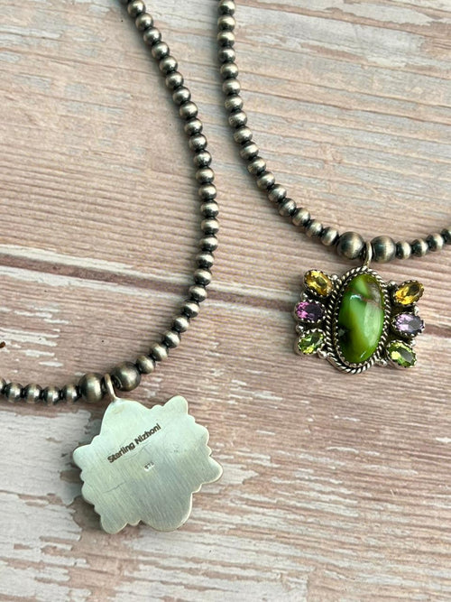 Handmade Sterling Silver Beaded Sonoran with Cut Stone Necklace "Signed Nizhoni"