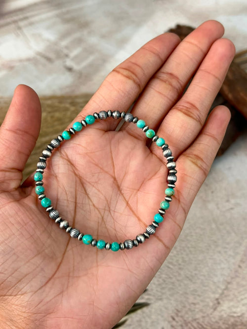 Handmade Sterling Silver Kingman Turquoise Stretchy Beaded Bracelet