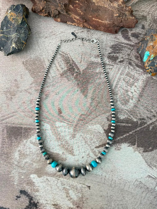 Handmade Sterling Silver Kingman Turquoise Beaded Necklace Signed Nizhoni