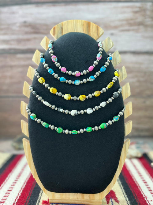 Handmade Sterling Silver Multistone Beaded Necklace "Signed Nizhoni"