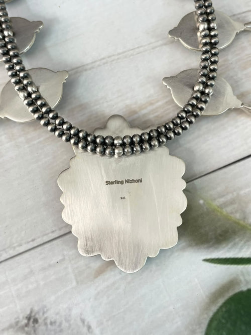 Handmade Sterling Silver Crimson Cowgirl Turquoise Collection: Beaded Squash Blossom Necklace Signed Nizhoni