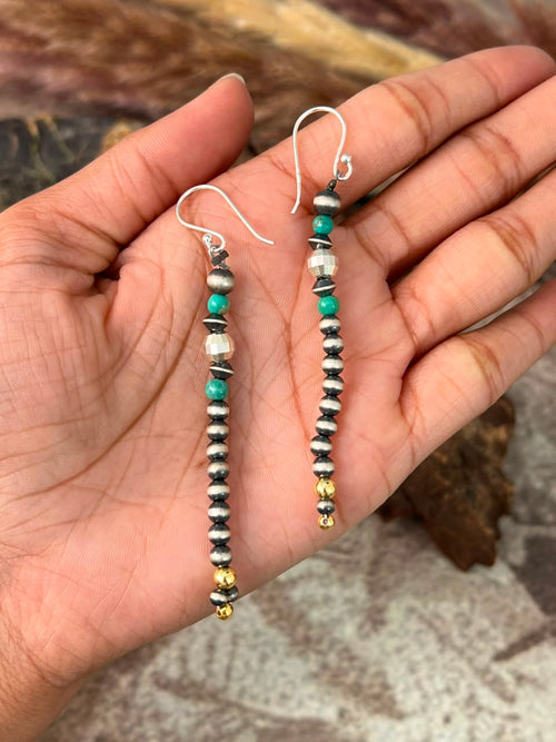 Handmade Sterling Silver Kingman Turquoise Shiny Golden Hook Dangle Beaded Earrings