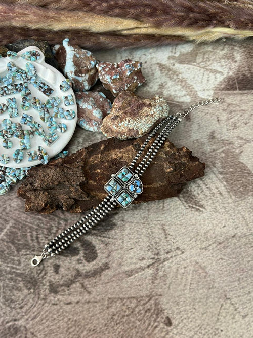 Handmade Sterling Silver Golden Hills Turquoise Cobble Collection Beaded Bracelet "Signed Nizhoni"