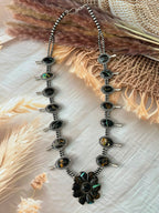 Handmade Sterling Silver Blackjack Turquoise Collection: Squash Blossom Beaded Necklace Signed Nizhoni