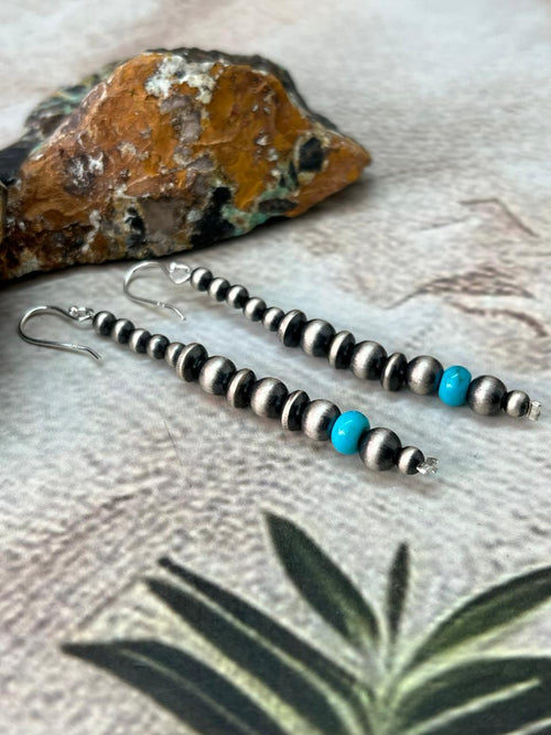 Handmade Sterling Silver Kingman Turquoise Beaded Hook Dangle Earrings