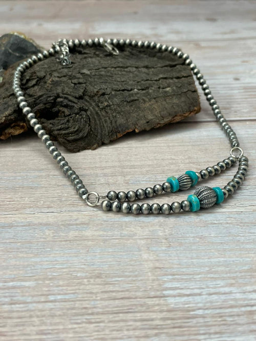 Handmade Sterling Silver Beaded Kingman Turquoise Necklace "Signed Nizhoni"