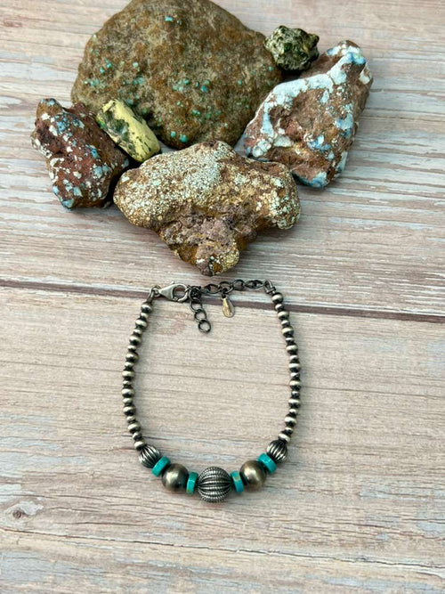 Handmade Sterling Silver Kingman Turquoise Beaded Bracelet "Signed Nizhoni"