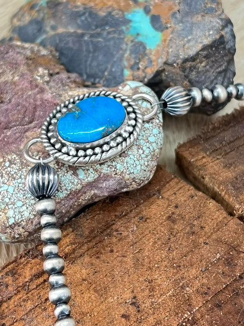 Handmade Sterling Silver Beaded Arizona Blue Turquoise Chain Bracelet "Signed Nizhoni"