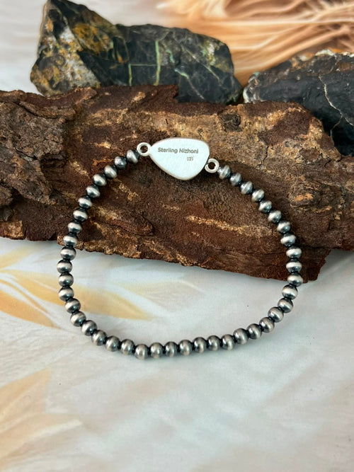 Handmade Sterling Silver Sonoran Mountain Turquoise Stretchy Beaded Bracelet Signed Nizhoni
