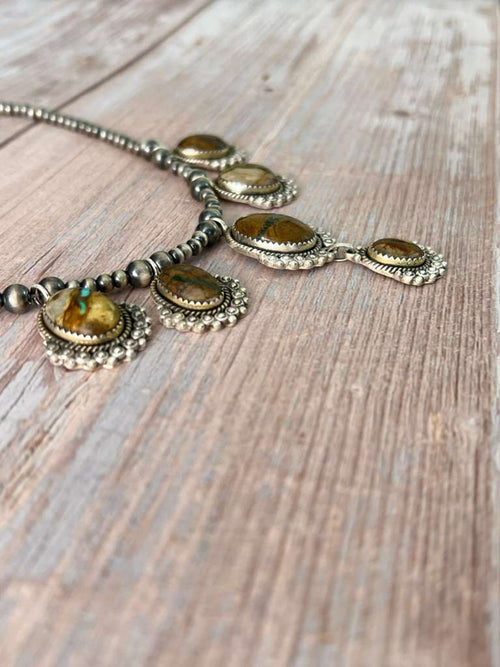 Handmade Sterling Silver Royston Ribbon Turquoise Beaded Necklace with Signed Nizhoni