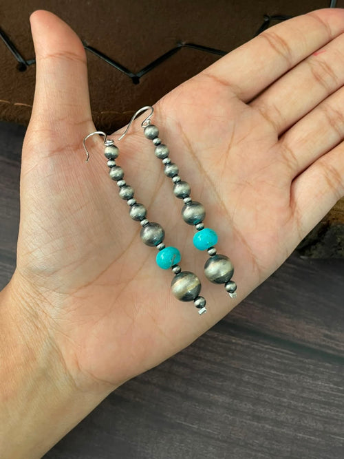 Handmade Sterling Silver Kingman Turquoise Hook Dangle Beaded Earrings
