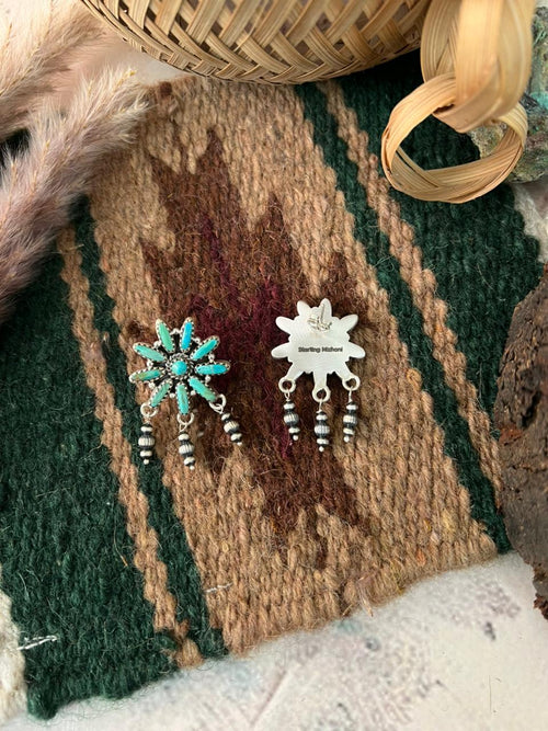 Handmade Sterling Silver Kingman Turquoise Beaded Post Dangle Earrings Signed Nizhoni