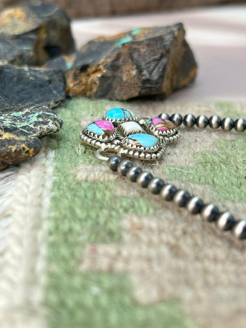 Handmade Sterling Silver Cotton Candy Beaded Chain Bracelet "Signed Nizhoni"