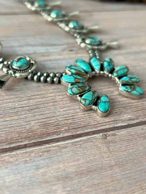 Handmade Sterling Silver Mint Dahlia Collection: Squash Blossom Beaded Necklace "Signed Nizhoni"