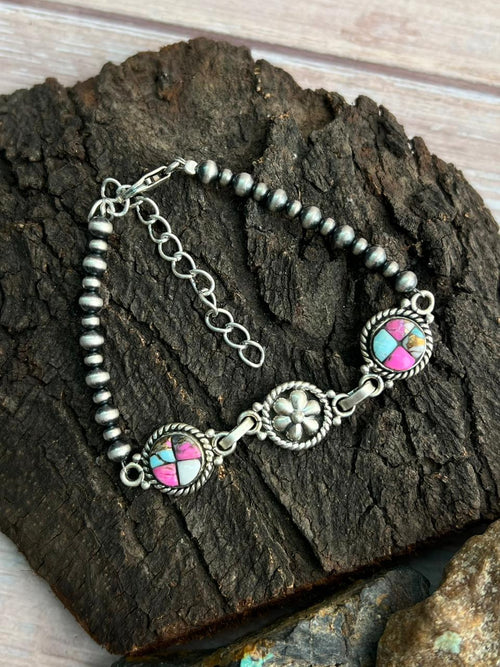 Handmade Sterling Silver Beaded Cotton Candy Bracelet "Signed Nizhoni"