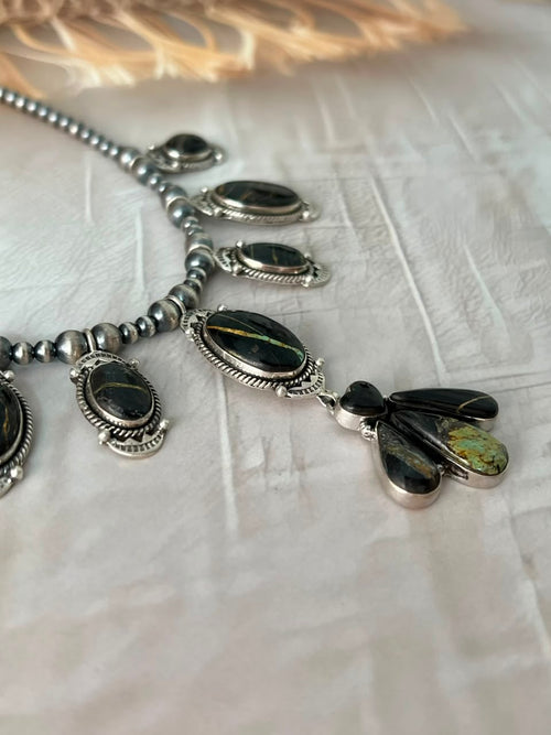 Handmade Sterling Silver Blackjack Turquoise Collection: Beaded Necklace Signed Nizhoni