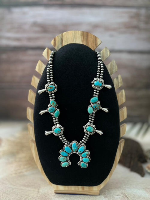 Handmade Sterling Silver Santa Maria Turquoise Squash Blossom Beaded Necklace "Signed Nizhoni"