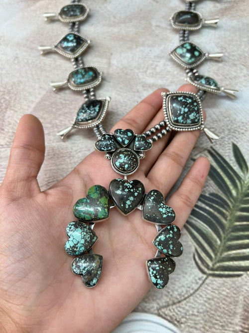 Handmade Sterling Silver Lander Turquoise Squash Blossom Beaded Necklace with Signed Nizhoni