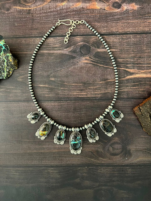 Handmade Sterling Silver Blackjack Turquoise Collection: Beaded Necklace Signed Nizhoni