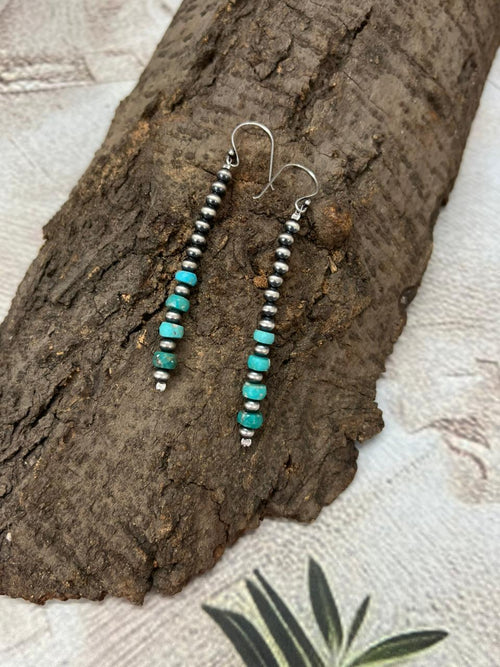 Handmade Sterling Silver Kingman Turquoise Beaded Hook Dangle Earrings
