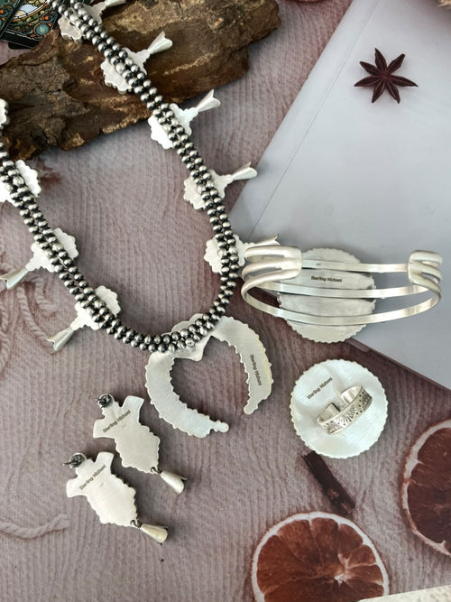 Handmade Sterling Silver Kingman Turquoise with Black Onyx Halloween Collection: Beaded Squash Blossom Necklace, Earrings, Ring and Bangle Set Signed Nizhoni