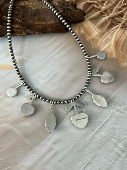 Handmade Sterling Silver Sonoran with Rosarita Beaded Cherry Necklace "Signed Nizhoni"
