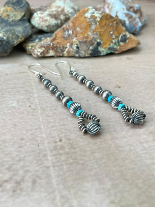 Handmade Sterling Silver Beaded Kingman Turquoise Dangle Hook Earrings "Signed Nizhoni" (2)