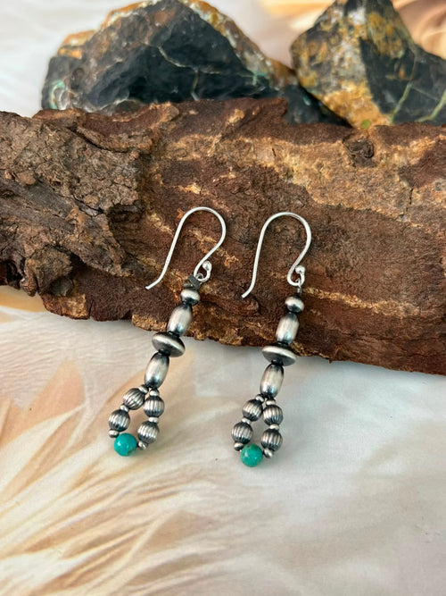Handmade Sterling Silver Kingman Turquoise Hook Dangle Beaded Earrings