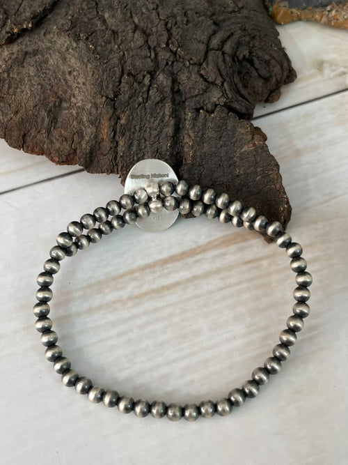Handmade Sterling Silver Crimson Cowgirl Turquoise Collection: Stretchy Beaded Bracelet Signed Nizhoni