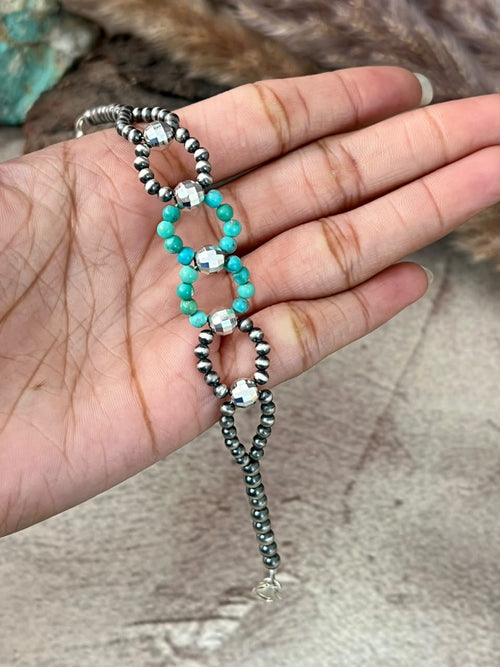 Handmade Sterling Silver Kingman Turquoise Beaded Chain Bracelet Signed Nizhoni