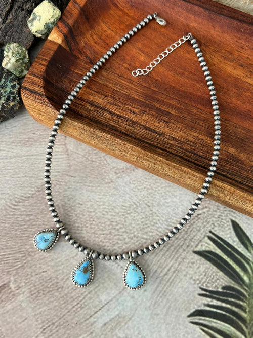 Handmade Sterling Silver Golden Hills Turquoise Beaded Necklace "Signed Nizhoni"