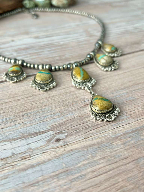 Handmade Sterling Silver Royston Ribbon Turquoise Beaded Necklace with Signed Nizhoni