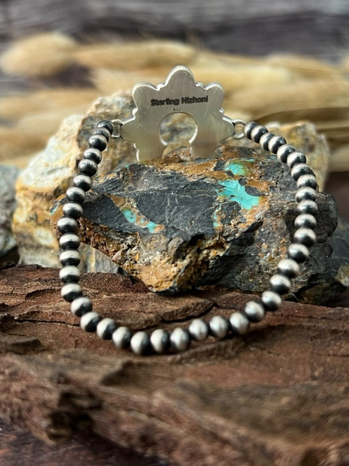 Handmade Sterling Silver Palomino Turquoise Naja Stretchy Beaded Bracelet Signed Nizhoni