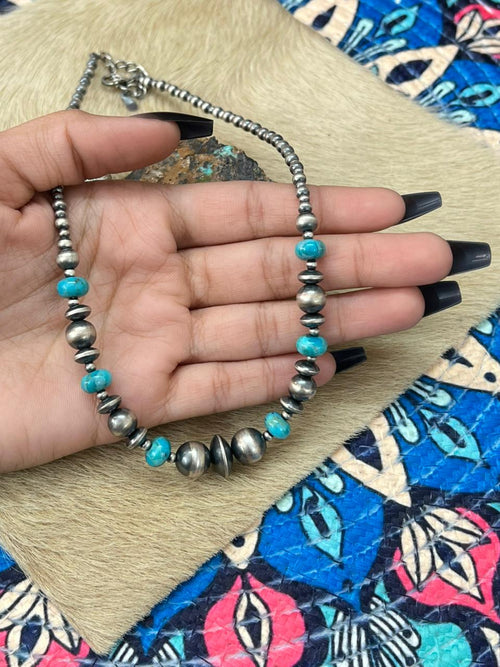 Handmade Sterling Silver Beaded Kingman Turquoise Necklace "Signed Nizhoni"