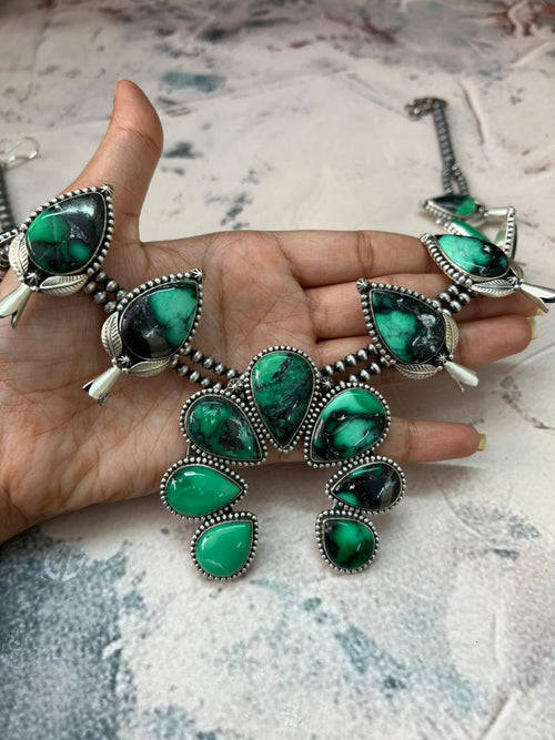 Handmade Sterling Silver Beaded Emerald Rose Squash Blossom Necklace "Signed Nizhoni"
