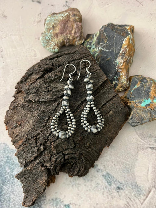 Handmade Sterling Silver Beaded Hook Dangle Earrings "Signed Nizhoni"