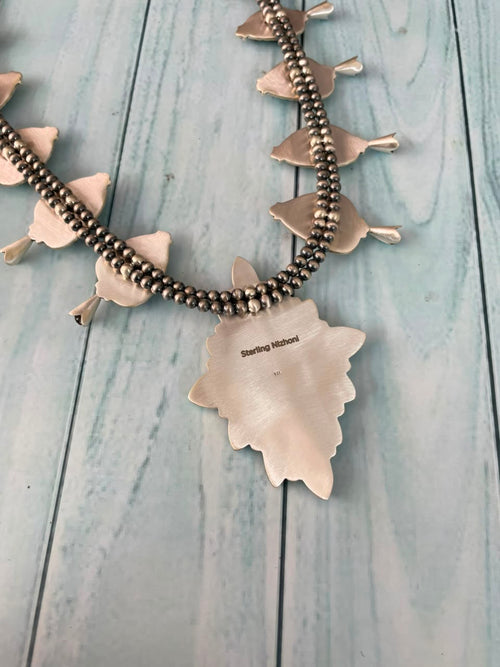 Handmade Sterling Silver Egyptian Turquoise Collection: Beaded Squash Blossom Necklace Signed Nizhoni