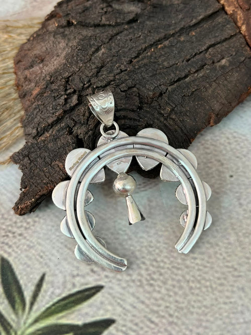 Handmade Sterling Silver Paloma with White Water Turquoise Naja Squash Blossom Pendant Signed Nizhoni