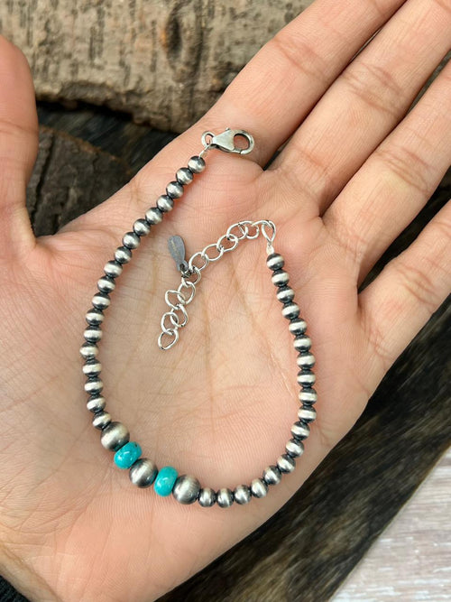 Handmade Sterling Silver Beaded Kingman Turquoise Chain Bracelet