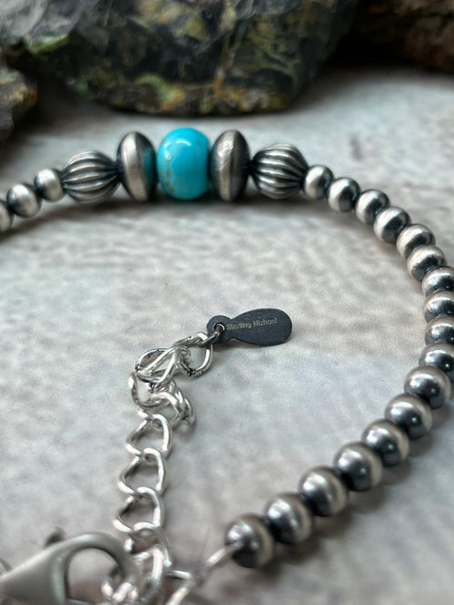 Handmade Sterling Silver Beaded Kingman Turquoise Bracelet