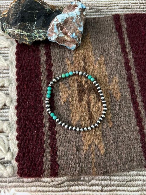 Handmade Sterling Silver Kingman Turquoise Beaded Stretch Bracelet