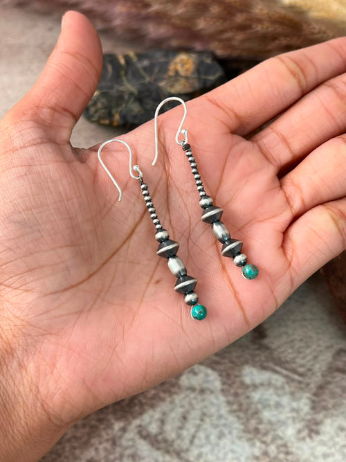 Handmade Sterling Silver Kingman Turquoise Hook Dangle Beaded Earrings