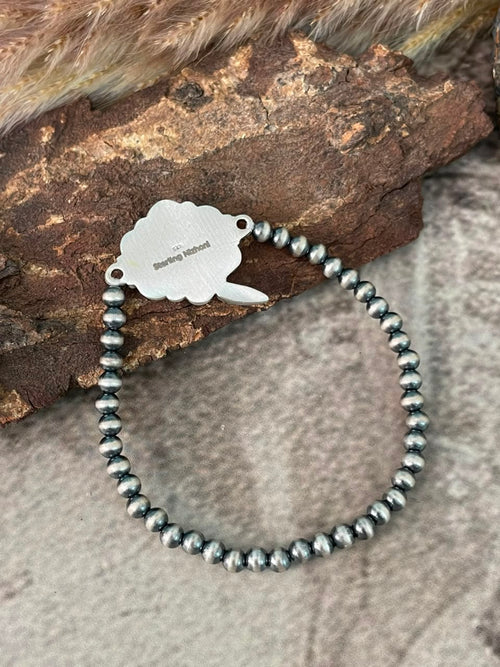 Handmade Sterling Silver Rosarita with Kingman Turquoise Cherry Stretchy Beaded Bracelet Signed Nizhoni